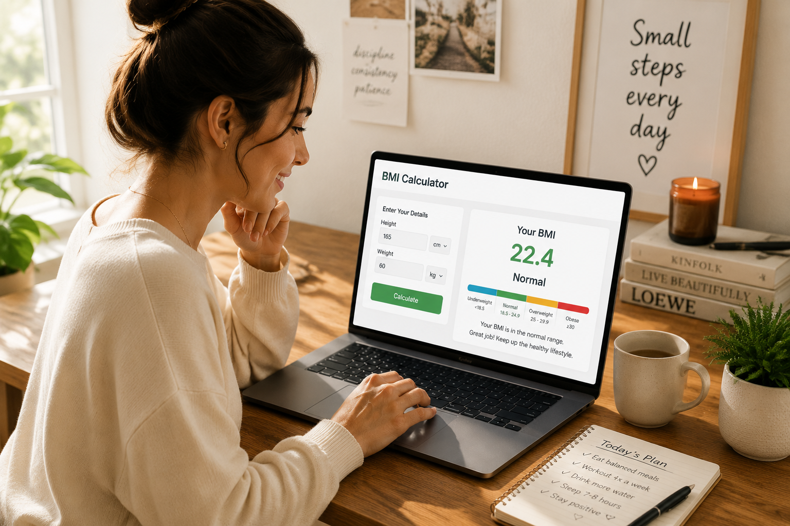 Laptop displaying a BMI calculator on a wooden desk